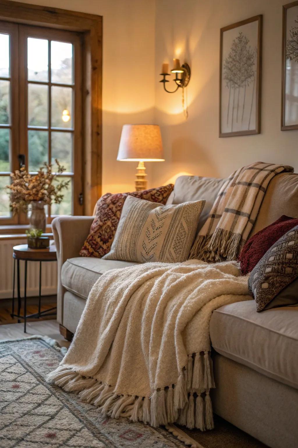 Luxurious throws contribute warmth and comfort to your Valentine’s setting.