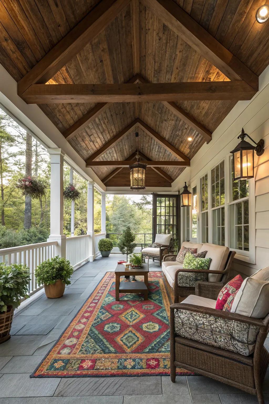 Incorporate coziness through a decorative floor covering on your porch.