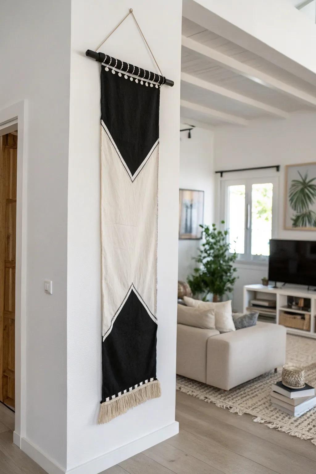 A minimalist space is made more elegant with a black-and-white banner.