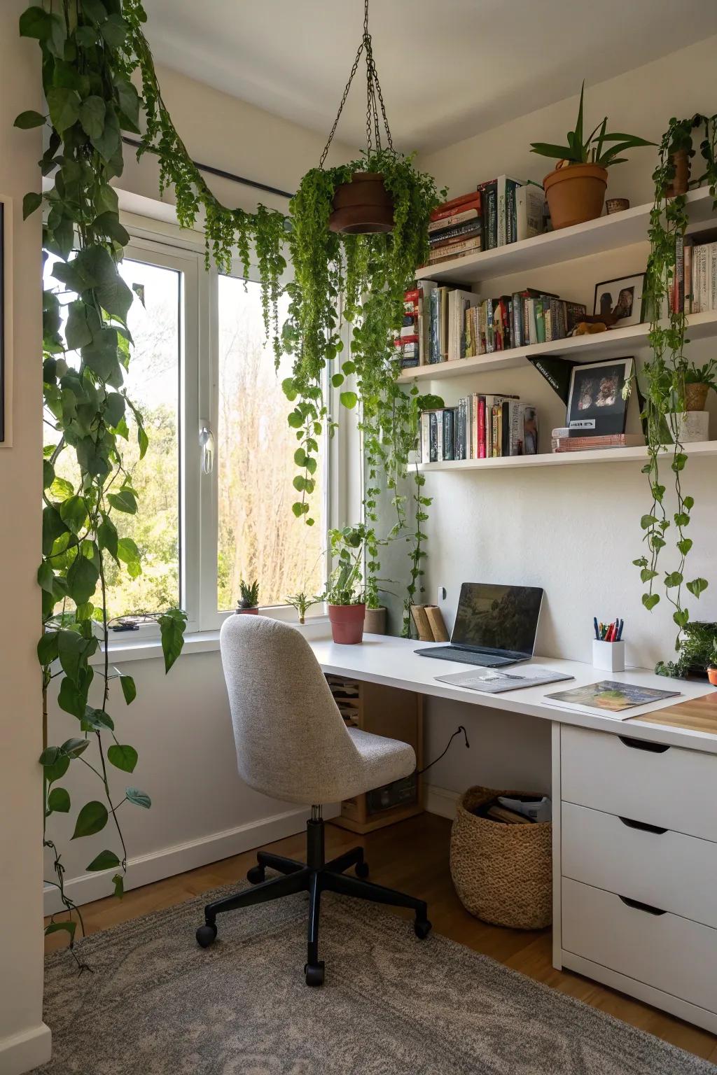 Elevate your workspace through the tranquility of trailing plants.