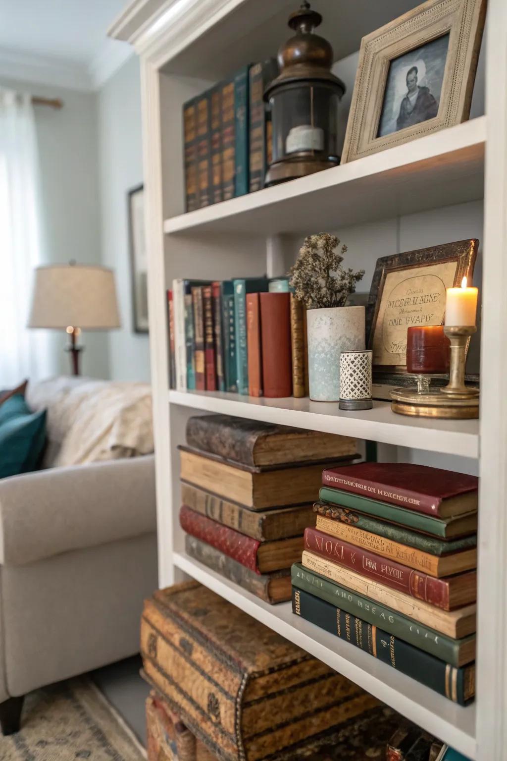 Strategically stacked vintage books enrich the living room shelf with literary charm.