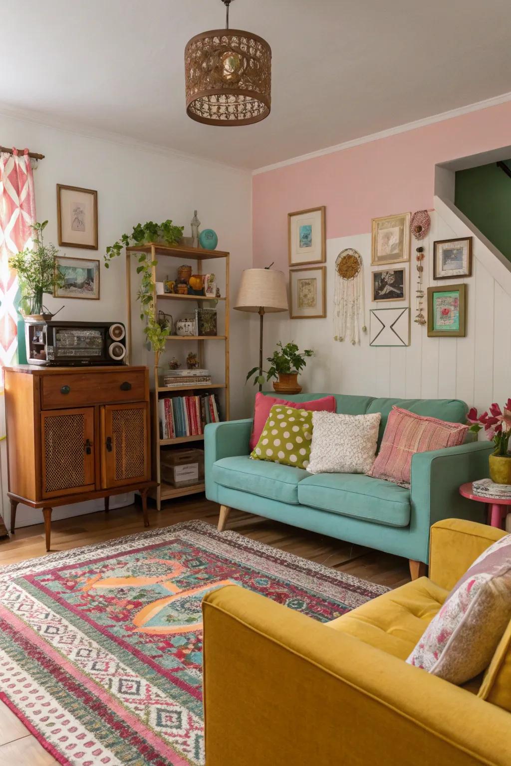 A living room featuring a creative color combination with retro design.