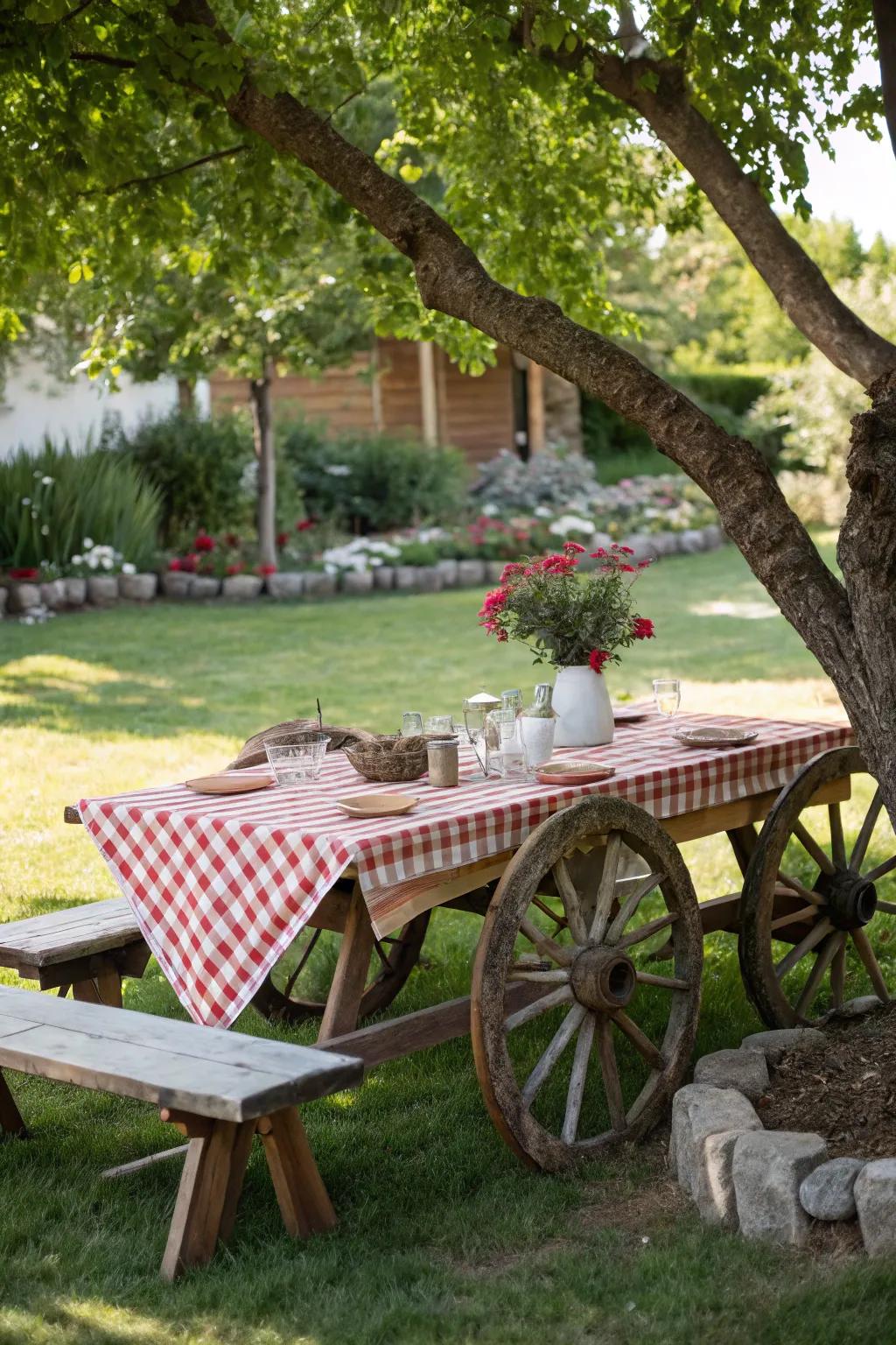 An open-air picnic table presenting cartwheels as its supporting structures, offering countryside flair.