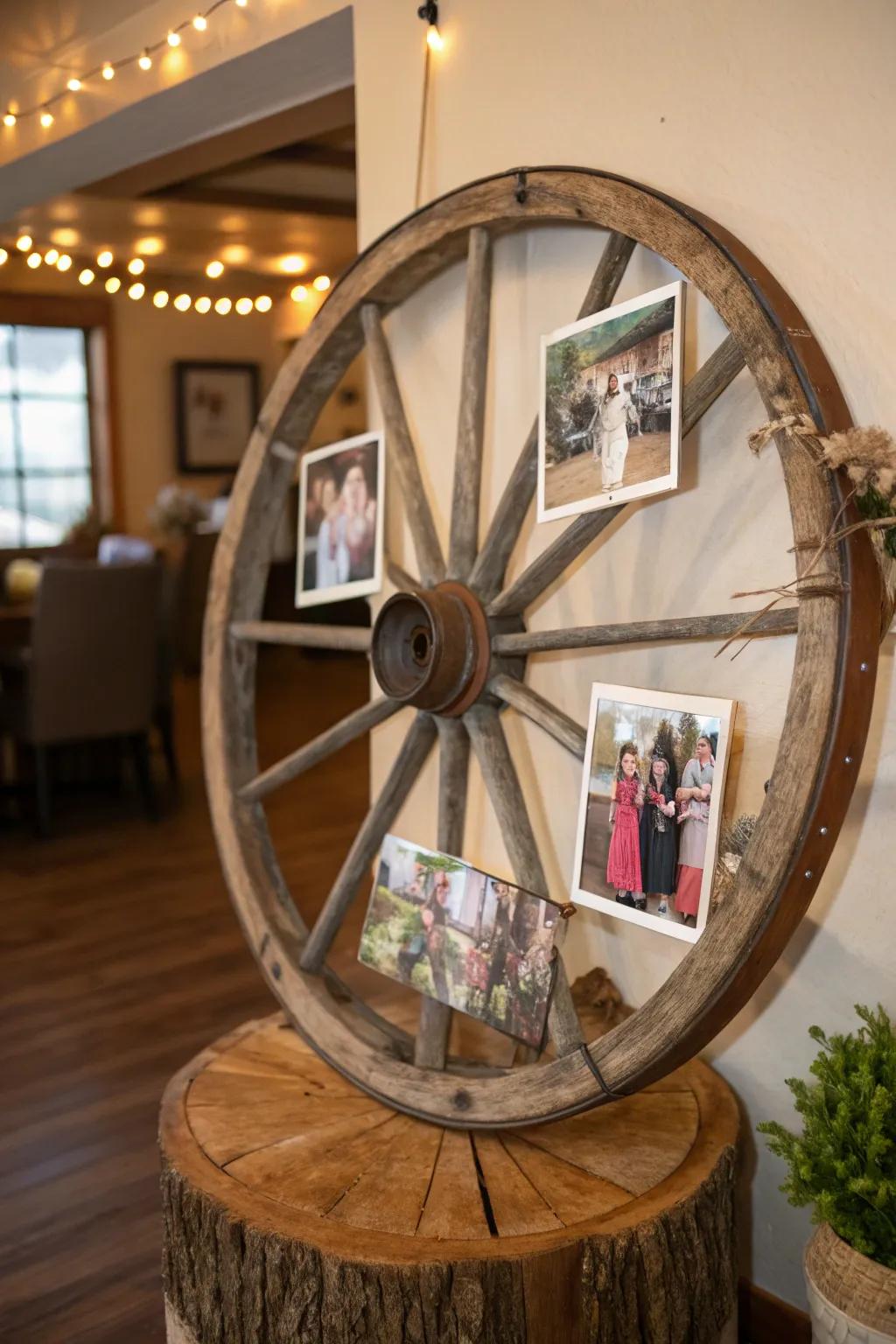A cart wheel turns into an appealing frame for valued memories.