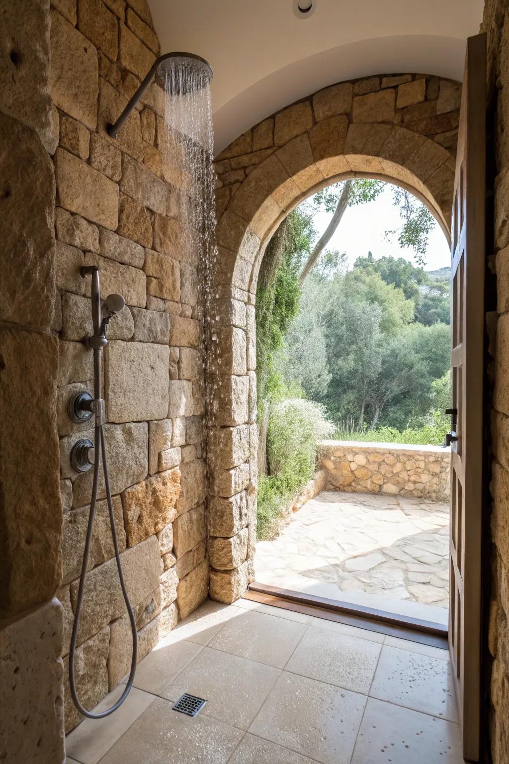 Shower with curved rock doorway and natural lighting.