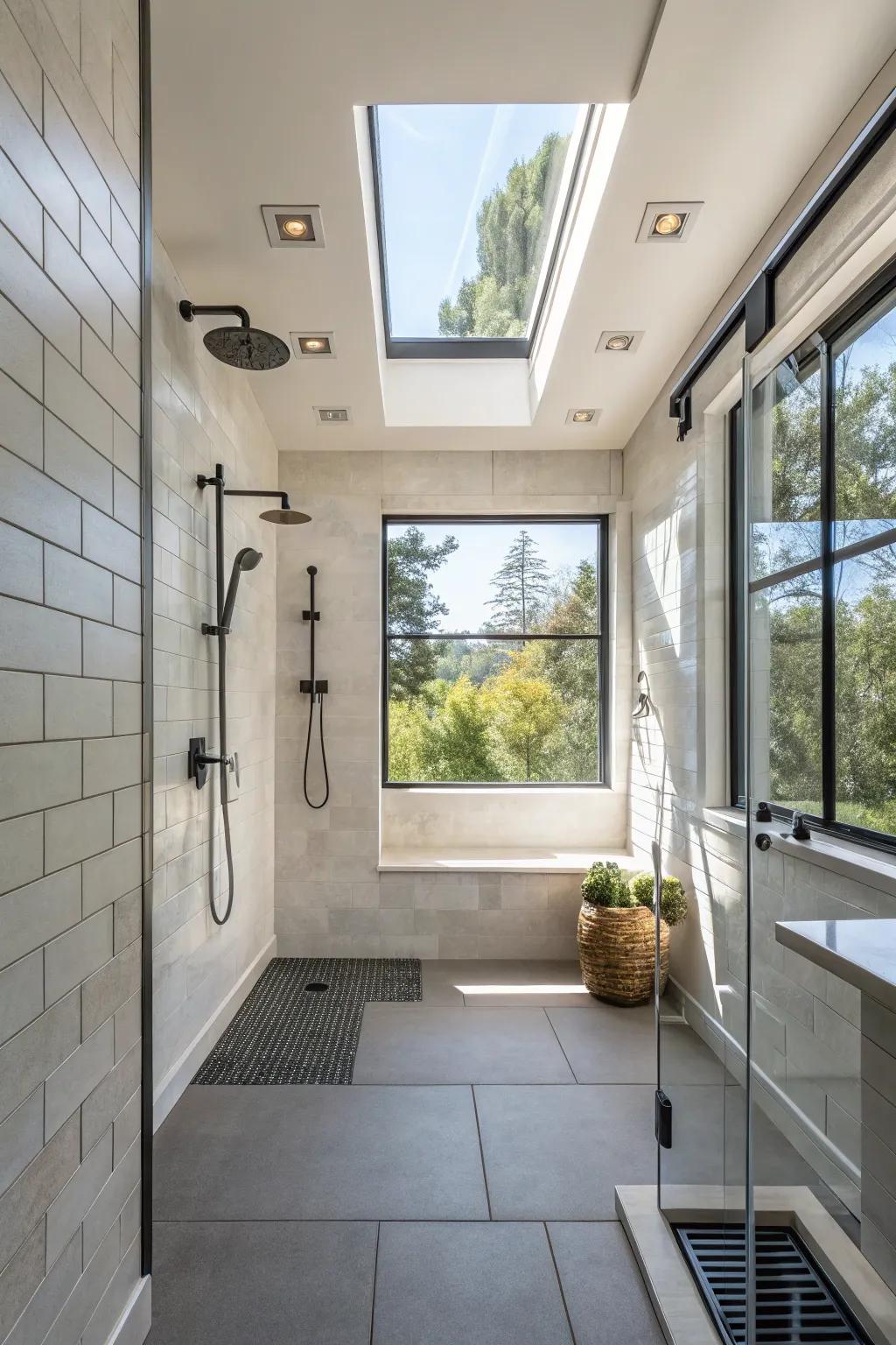 A high window above a walk-in shower, allowing ample light while ensuring complete privacy.