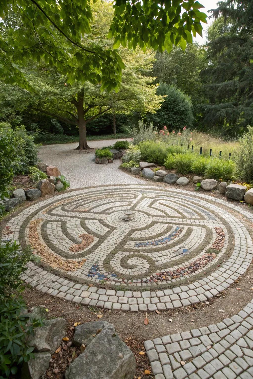 A shingle mosaic labyrinth transforms trails into artistic tapestries.