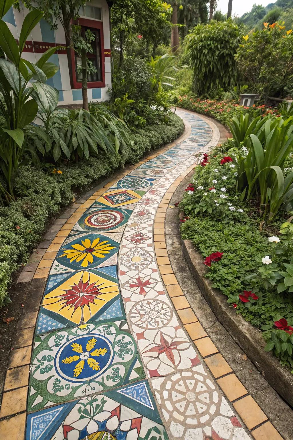 Decorated tile paths contribute color and artistry to gardens.