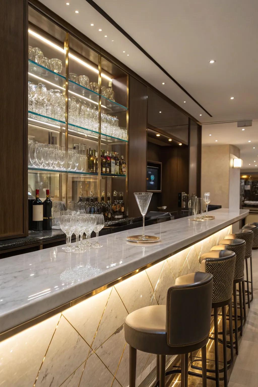 Polished countertops append a lavish feel to your home bar arrangement.