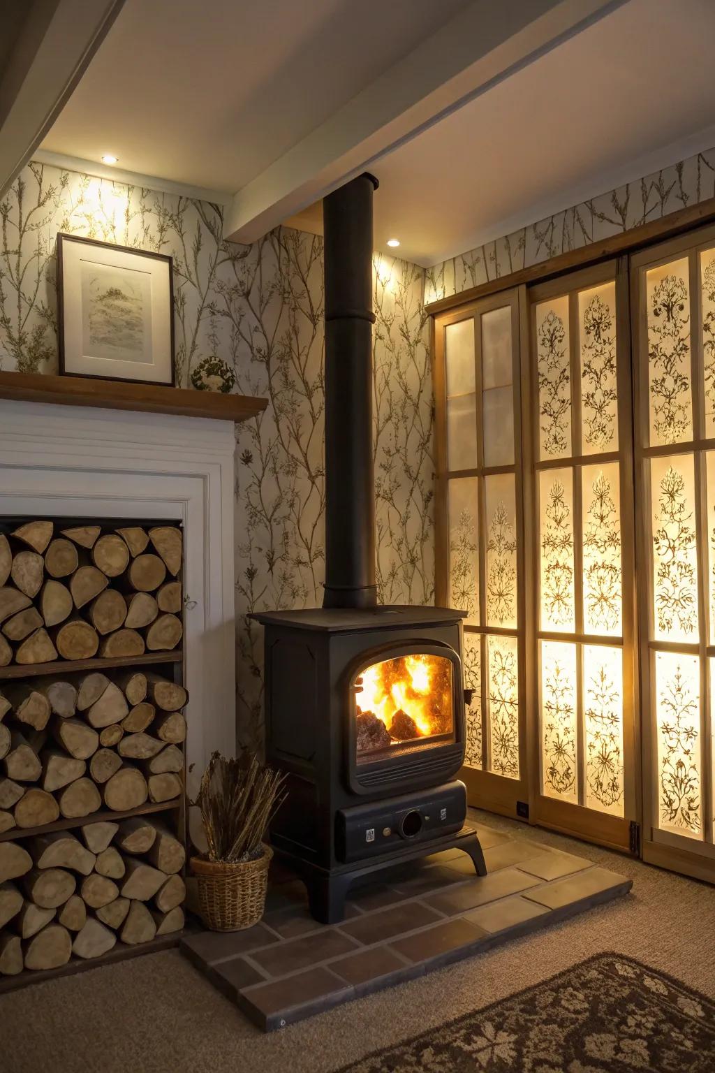 Illuminated features add depth and warmth to your heater area.