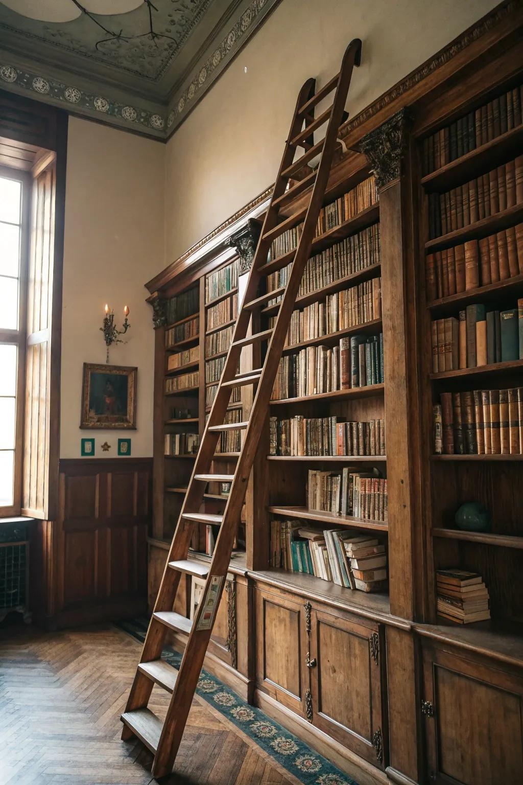 A mobile library staircase adds vintage charm and easy access to elevated shelves.