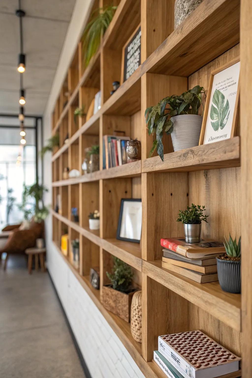 Wood shelves for storage.