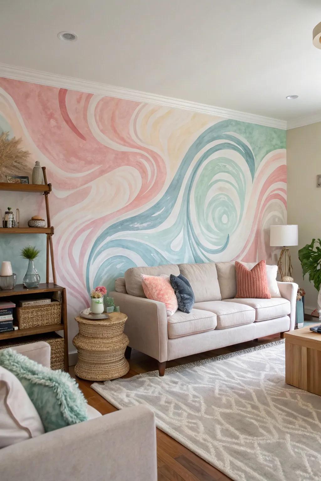 Create a serene atmosphere with a whimsical watercolor mural.