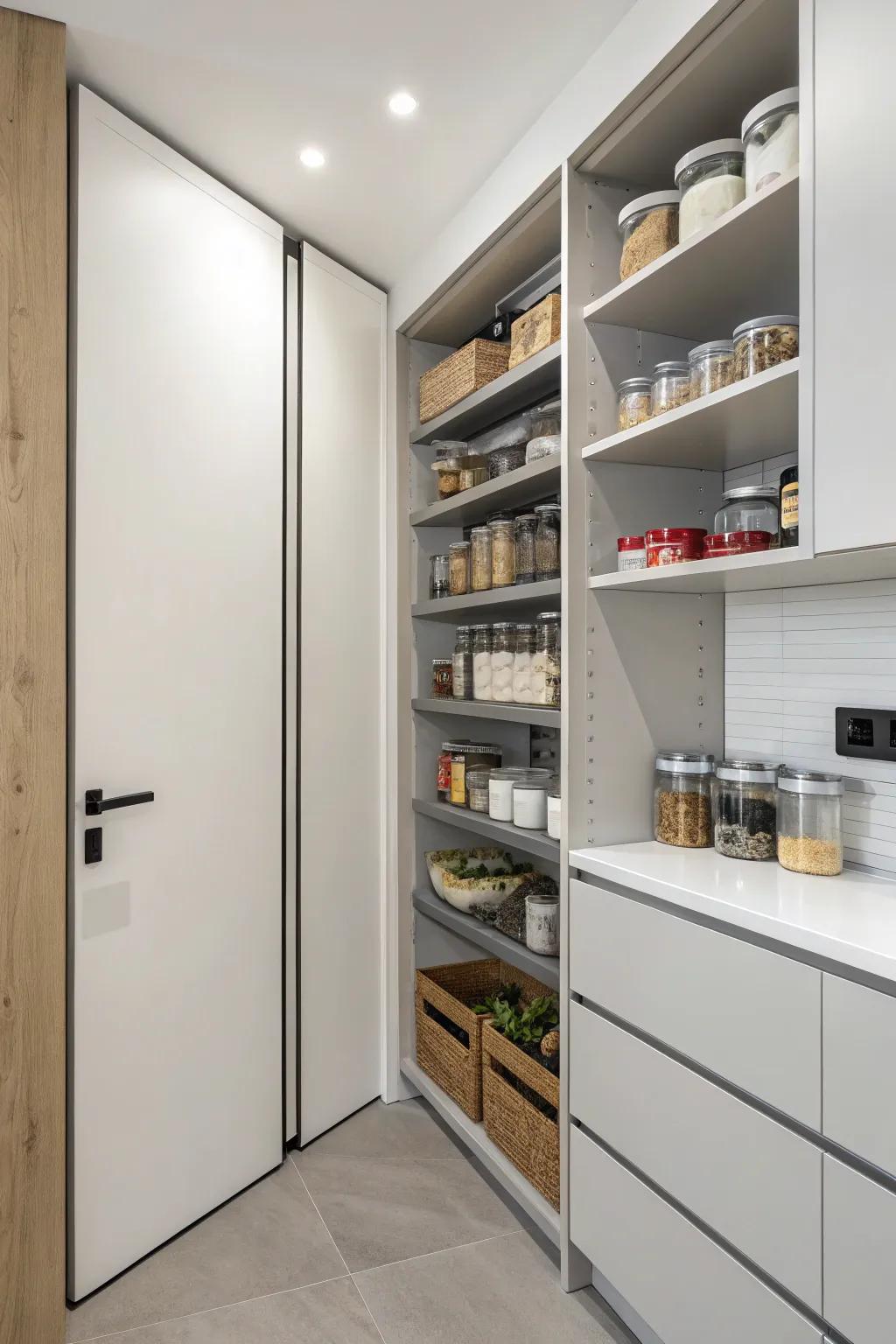 Sleek minimalist pantry design creates a calming effect.