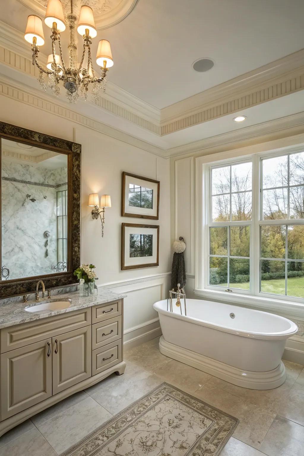 Frame profile detailing elevates the elegance of this bathroom.