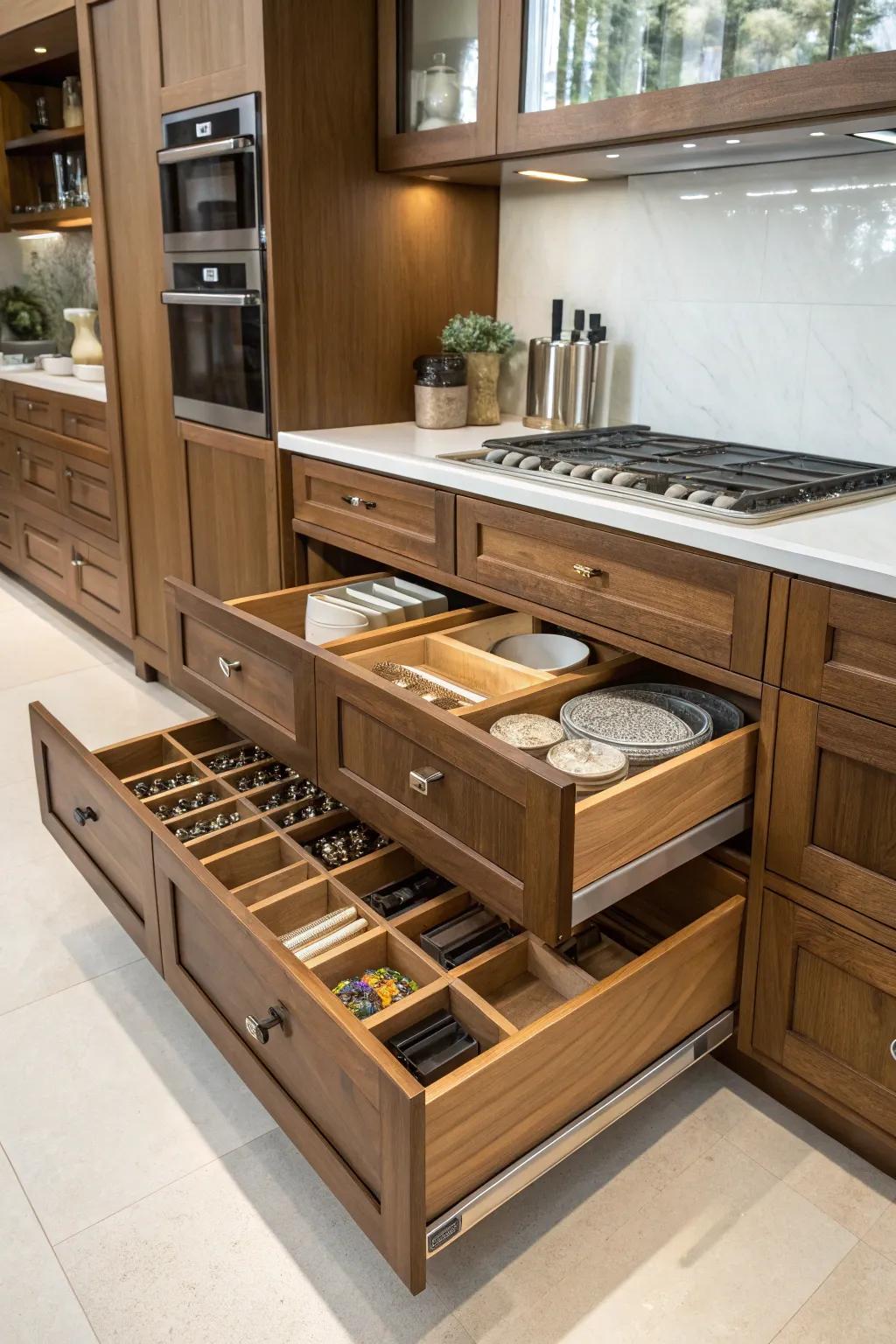 Smart storage keeps your walnut cooking area organized and chic.