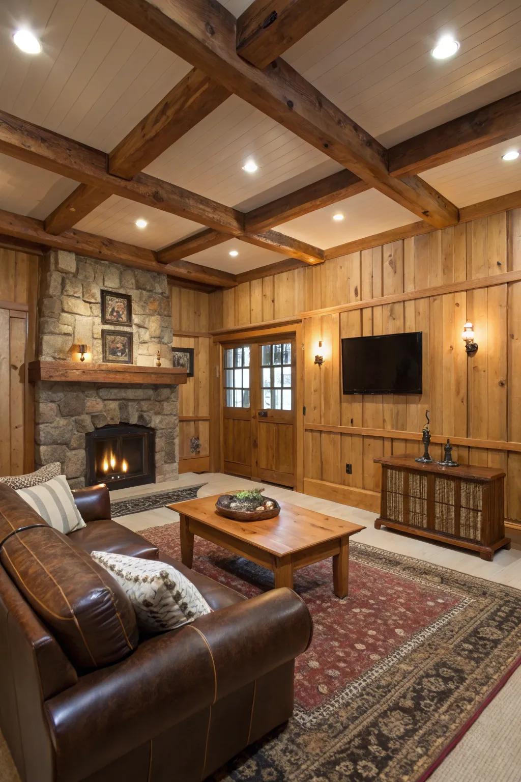 Architectural elements such as structural beams contribute depth and character.