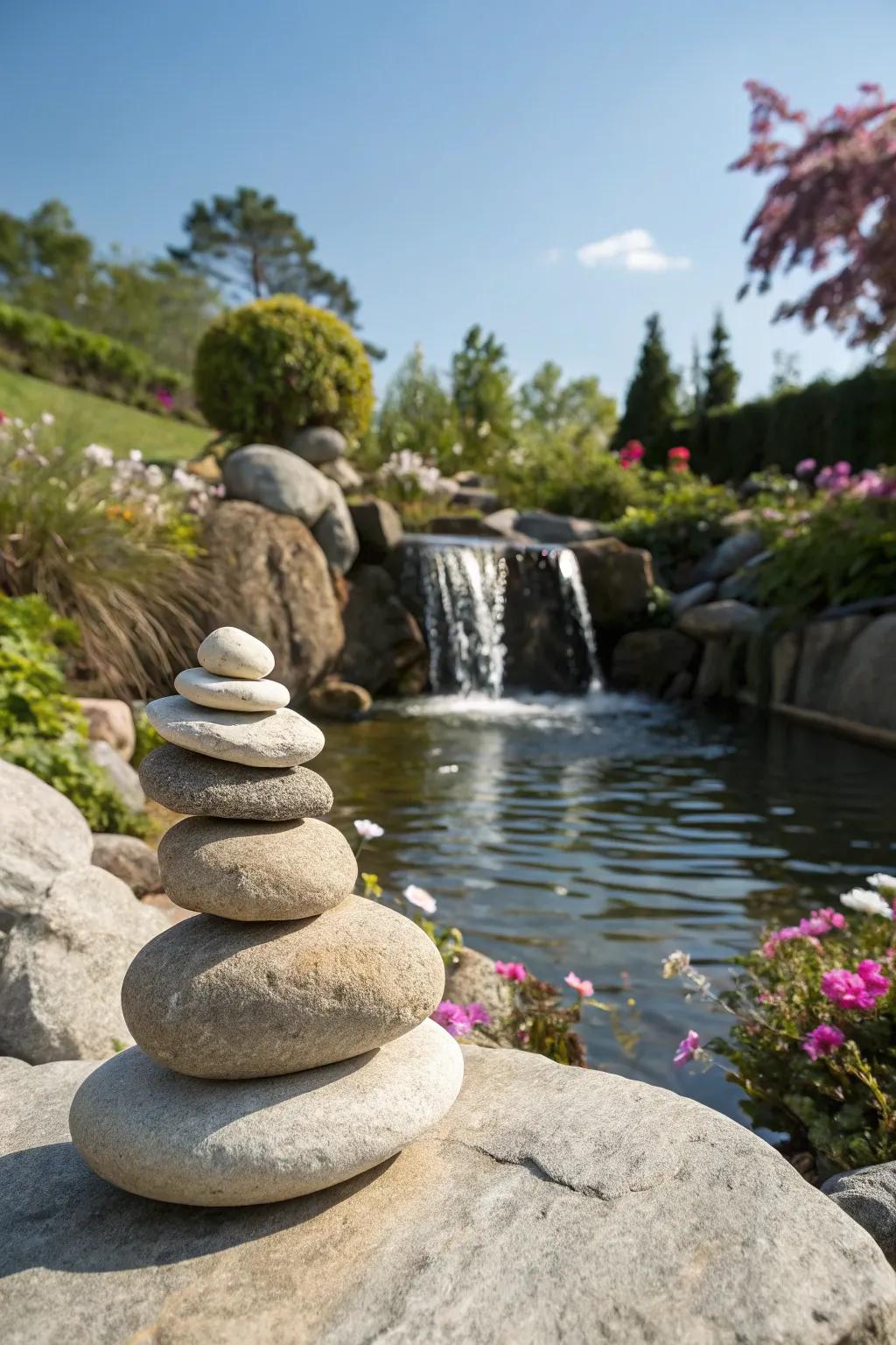 A Zen-inspired garden waterfall features carefully stacked stones.