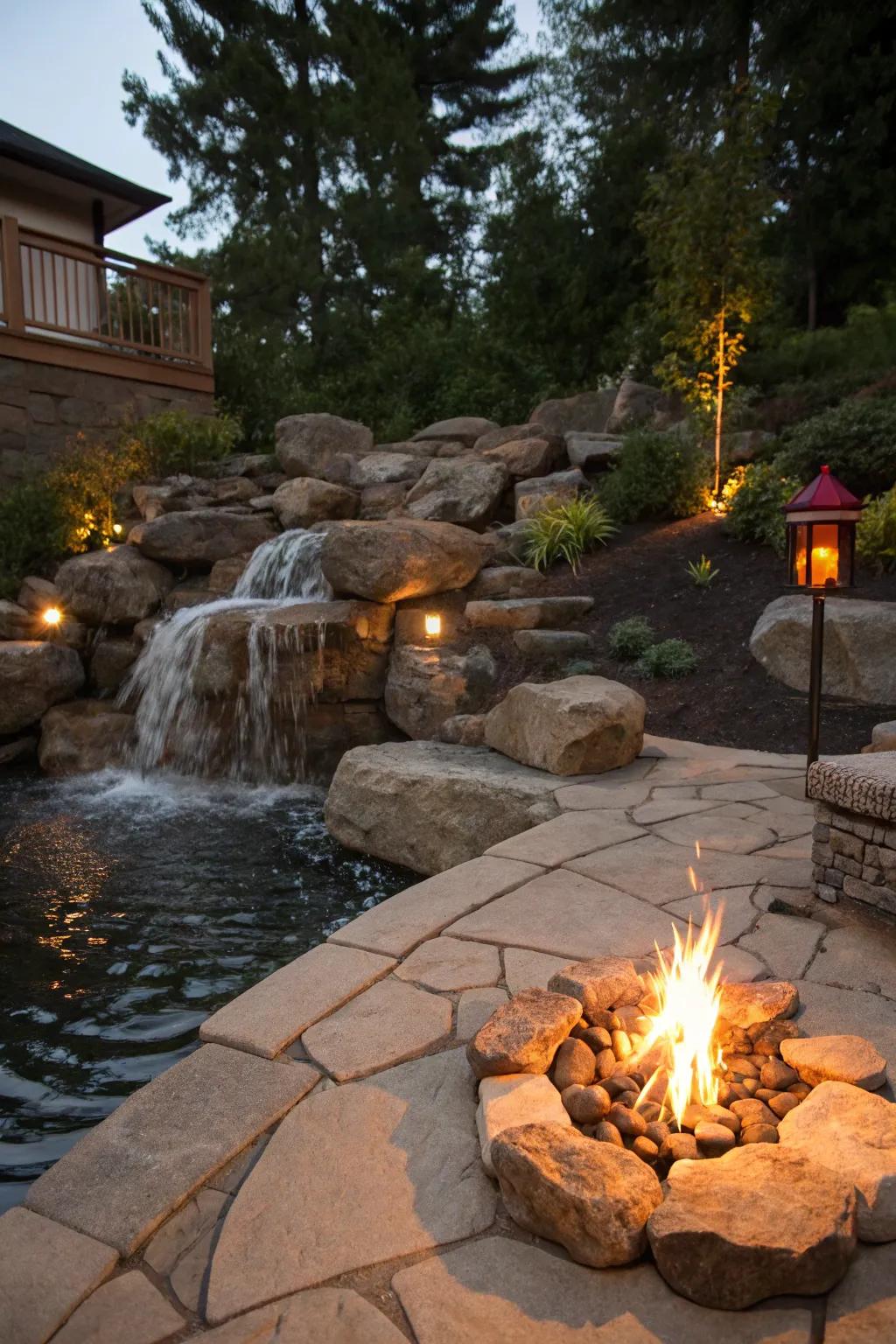 A rocky waterfall with a fire pit builds a warm and inviting atmosphere.