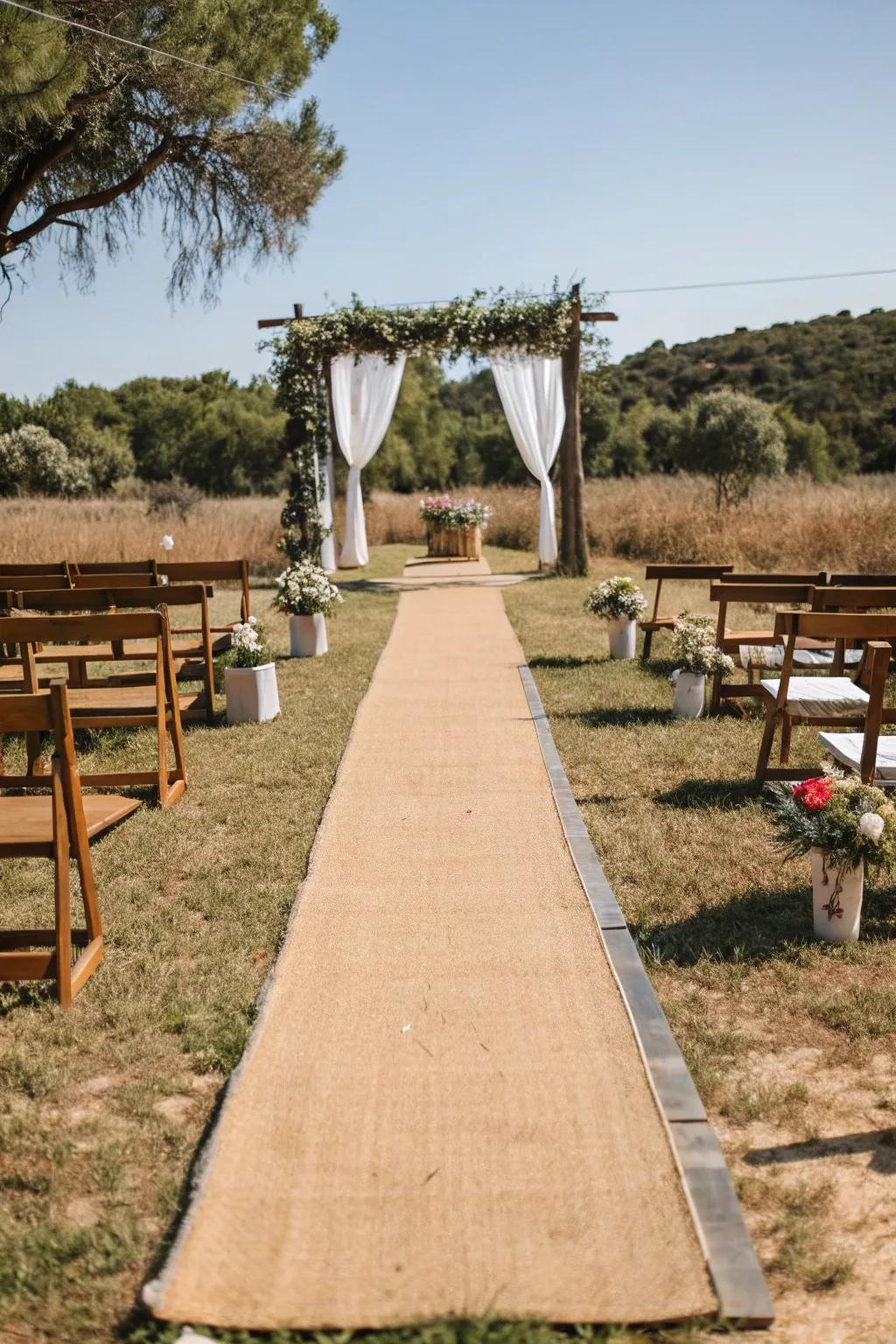 An earthy plant fiber runner adds texture to an outdoor ceremony.