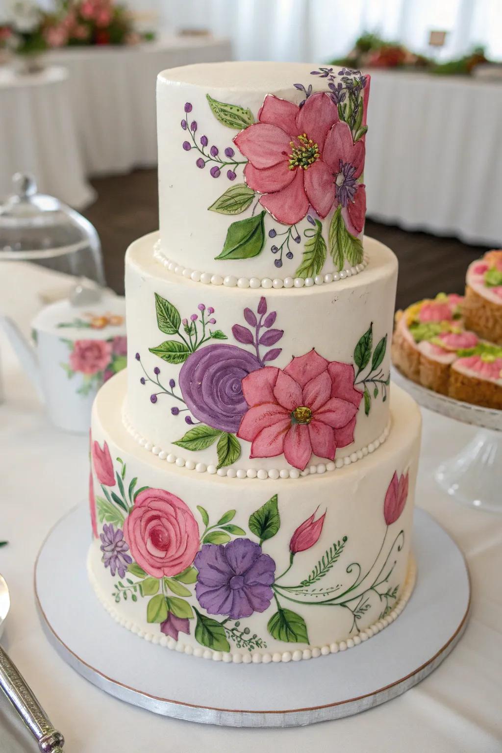 A wedding cake featuring hand-painted floral designs for a creative style.