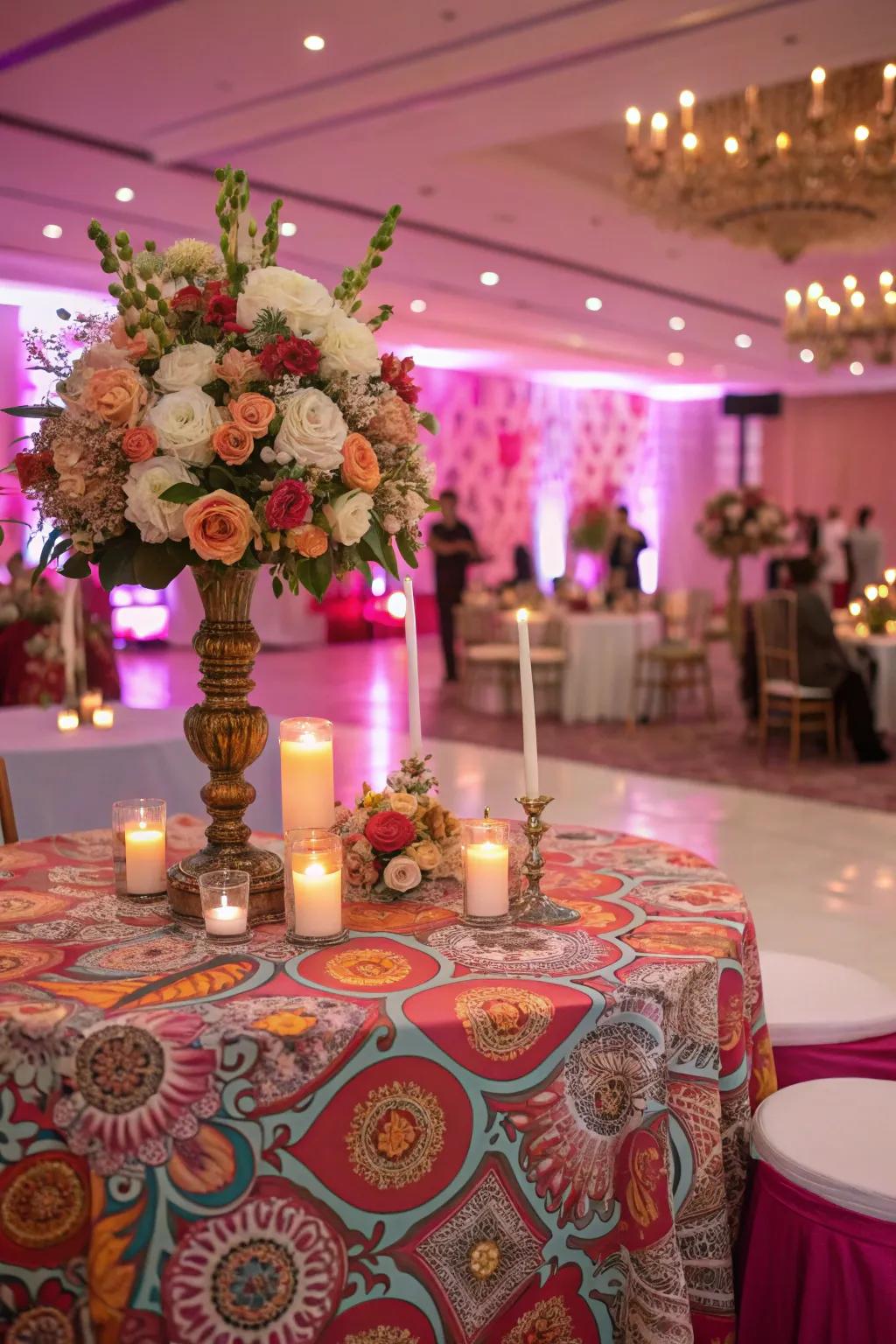 Designed tablecloths add a fun twist to the design.