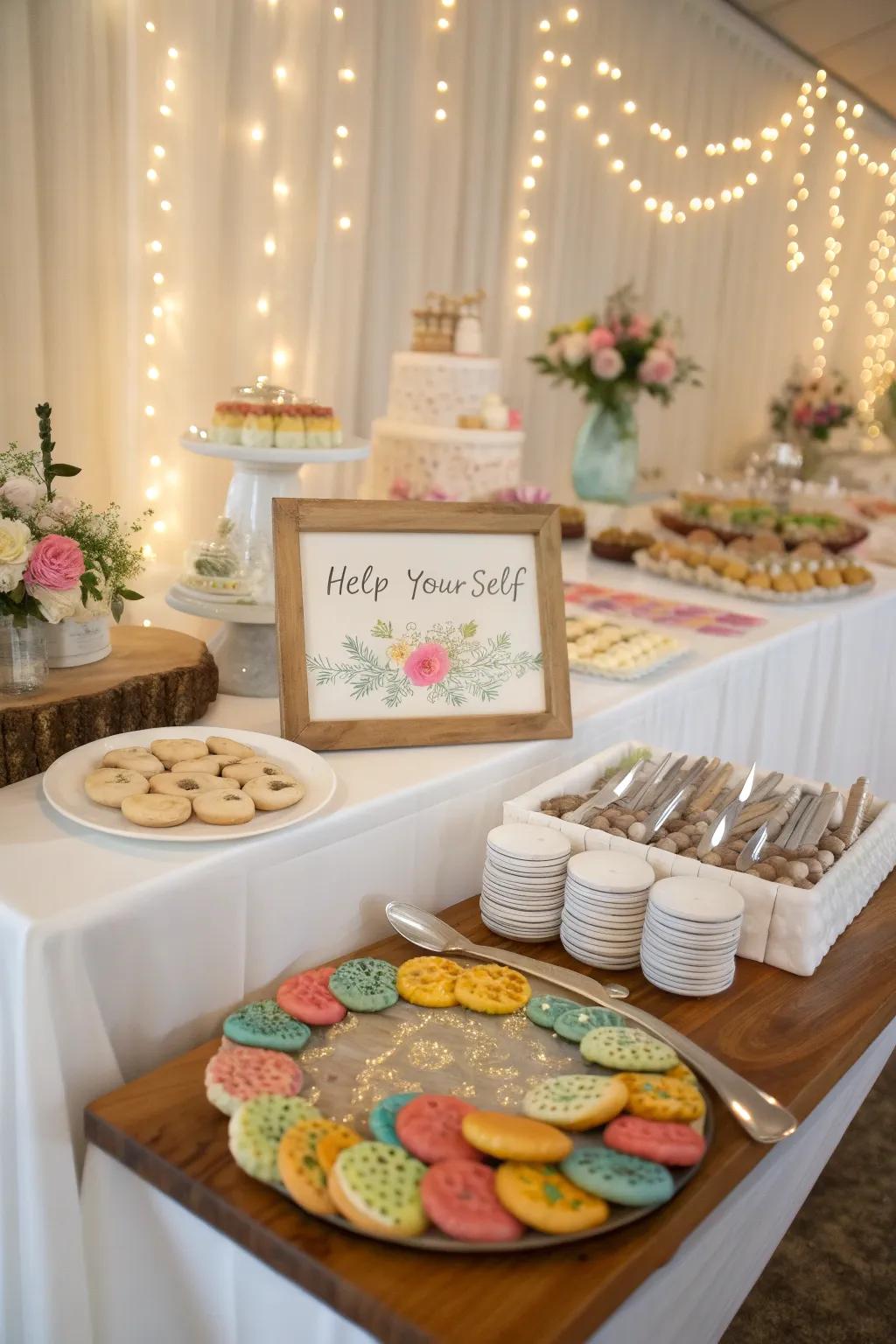 An interactive wedding cookie table where guests can choose their treats.
