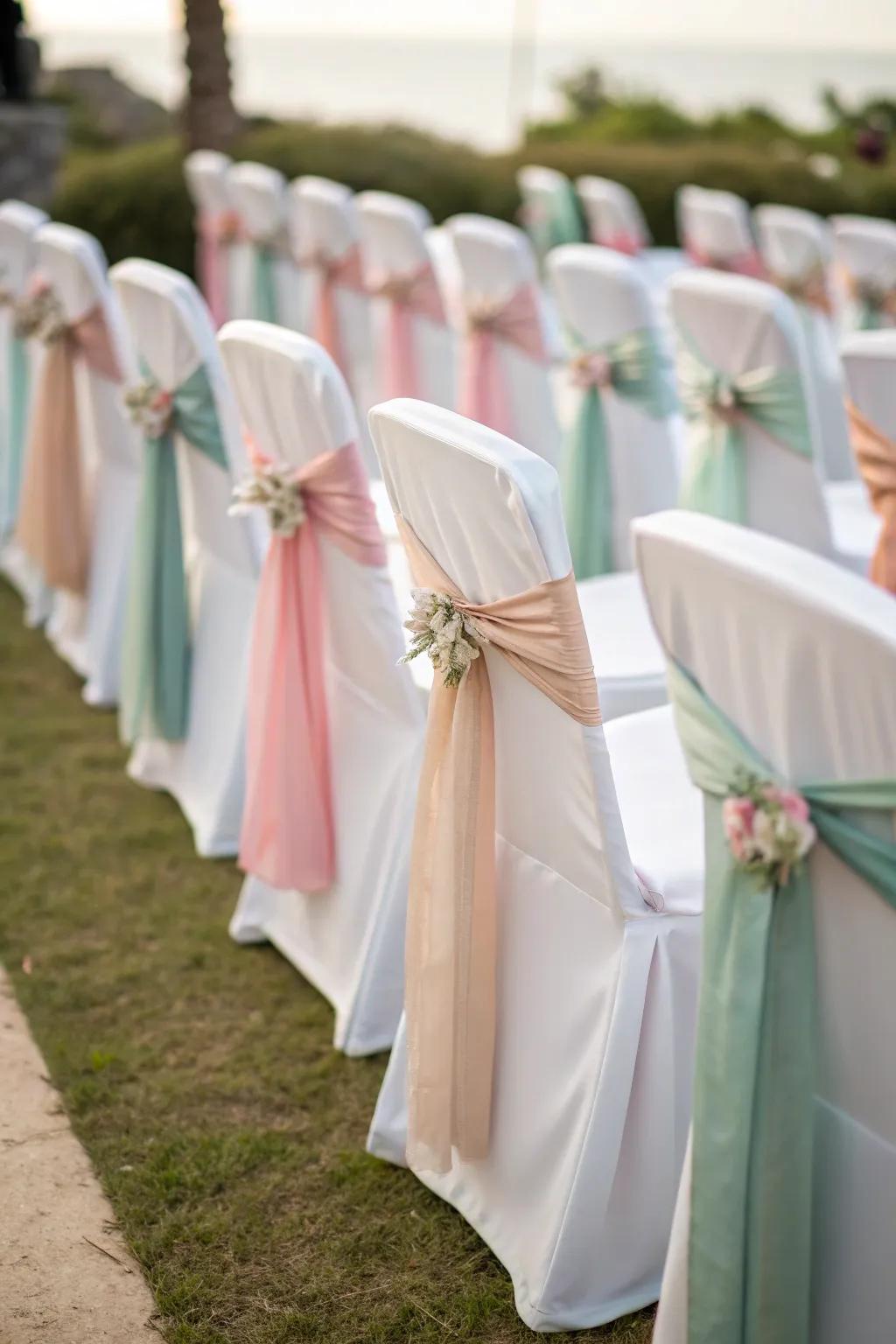 Wedding chairs decorated with ornamental sashes, contributing refinement to the seating.
