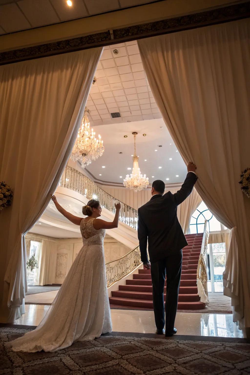 A grand fabric unveiling brings drama to the wedding pair’s entrance.
