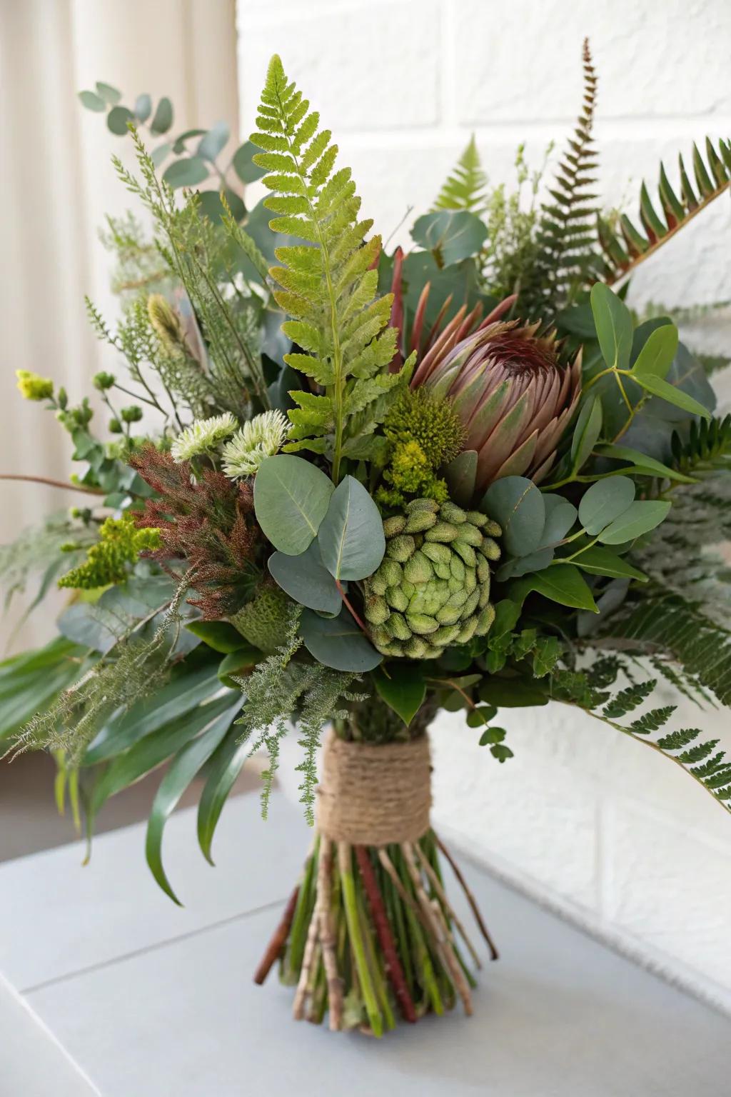 An elegant greenery bouquet displaying mixed textures.