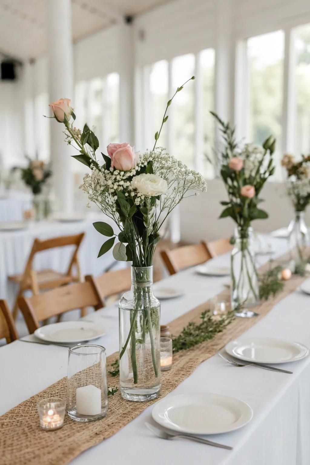 Simple crystal vases featuring individual blossoms introduce elegance.