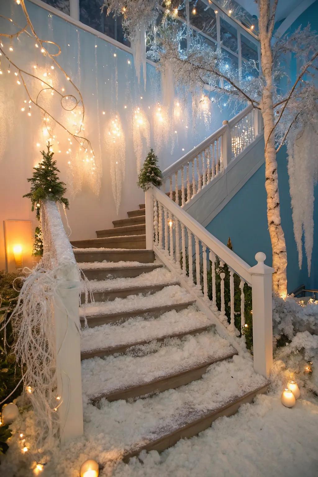 A winter dreamland theme introduces a magical, seasonal addition to this stairway.