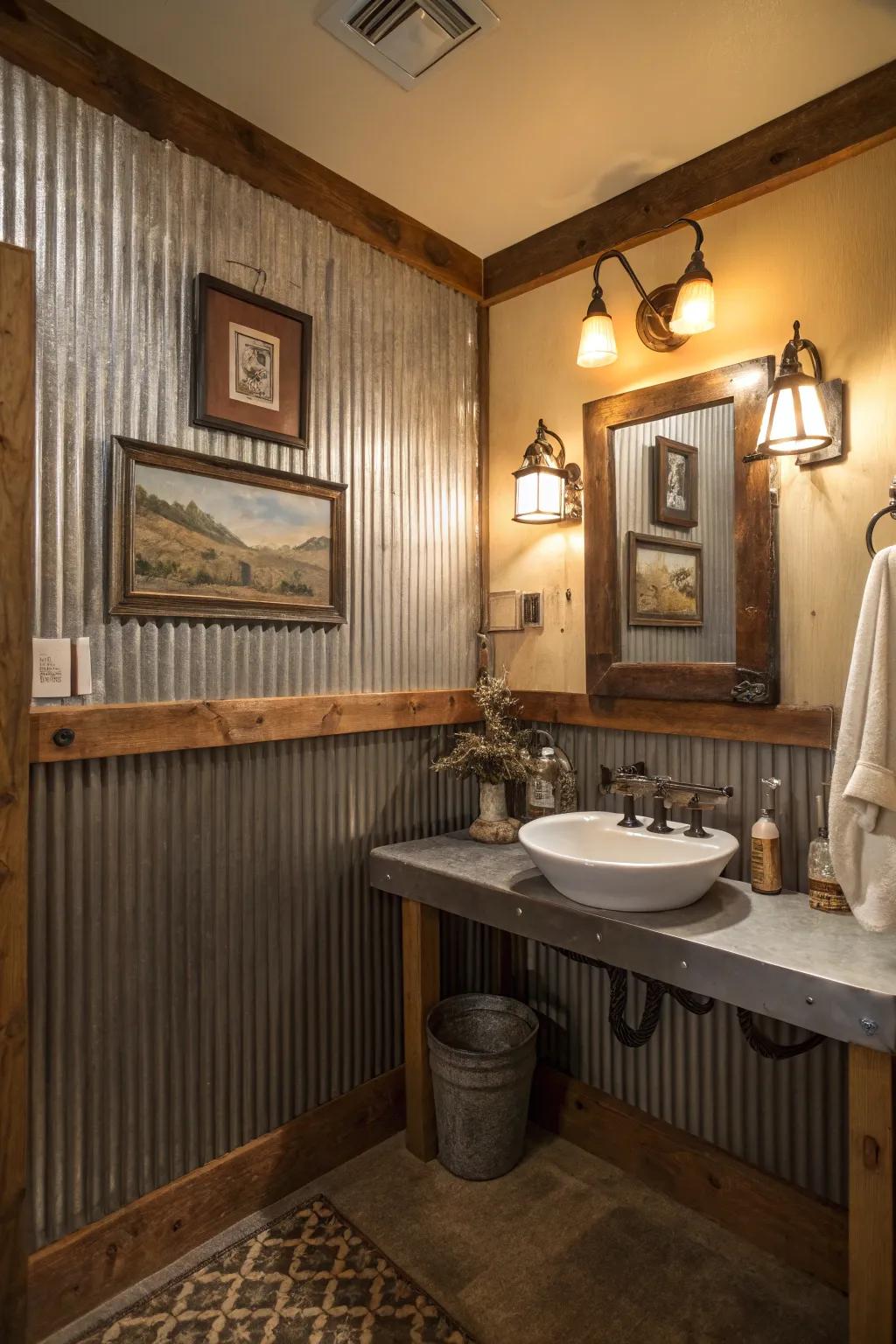 Corrugated metal wall covering introduces a barn-like appeal to this bathroom.