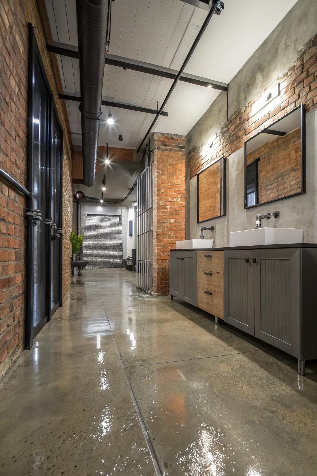 Concrete flooring gives wet rooms an urban industrial vibe.
