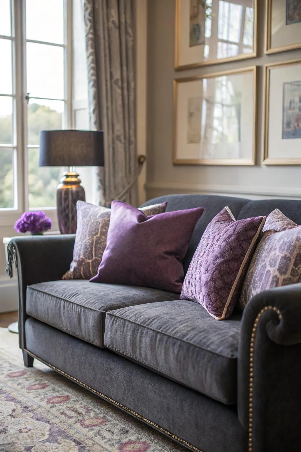 Purple hues lend an elegant and majestic nuance to a dark grey sofa.
