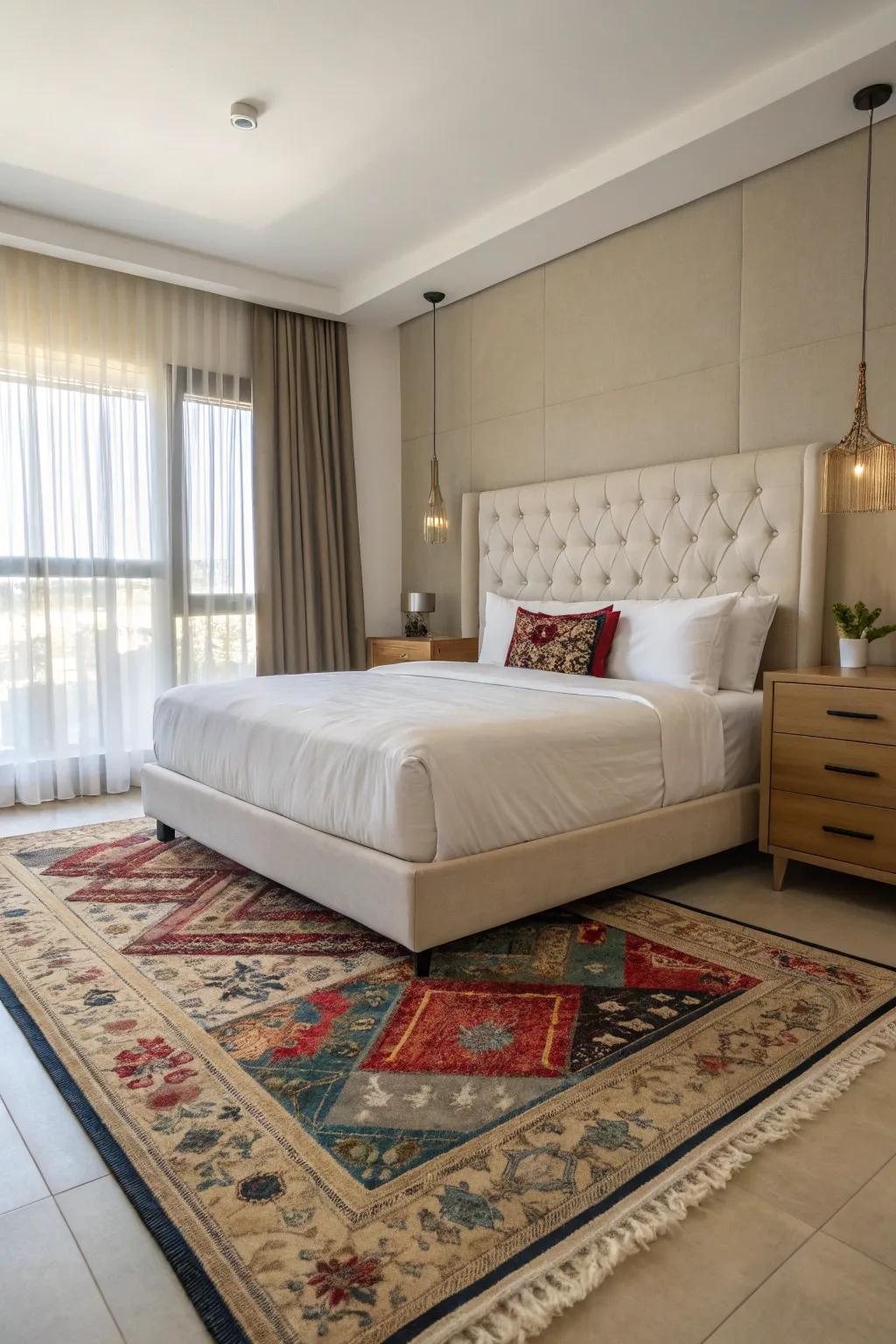 The suspended floor covering method creates a contemporary and sophisticated bedroom ambiance.