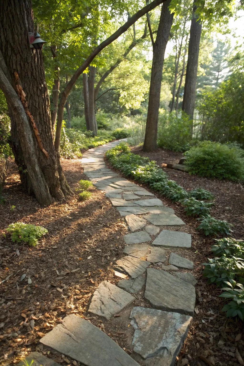 Tree skin snippings provide a rustic texture between flagstones.