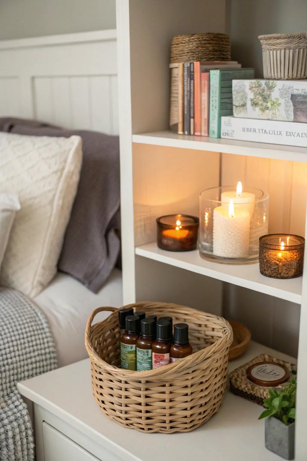 An aromatherapy basket enhances tranquility within your bedroom.