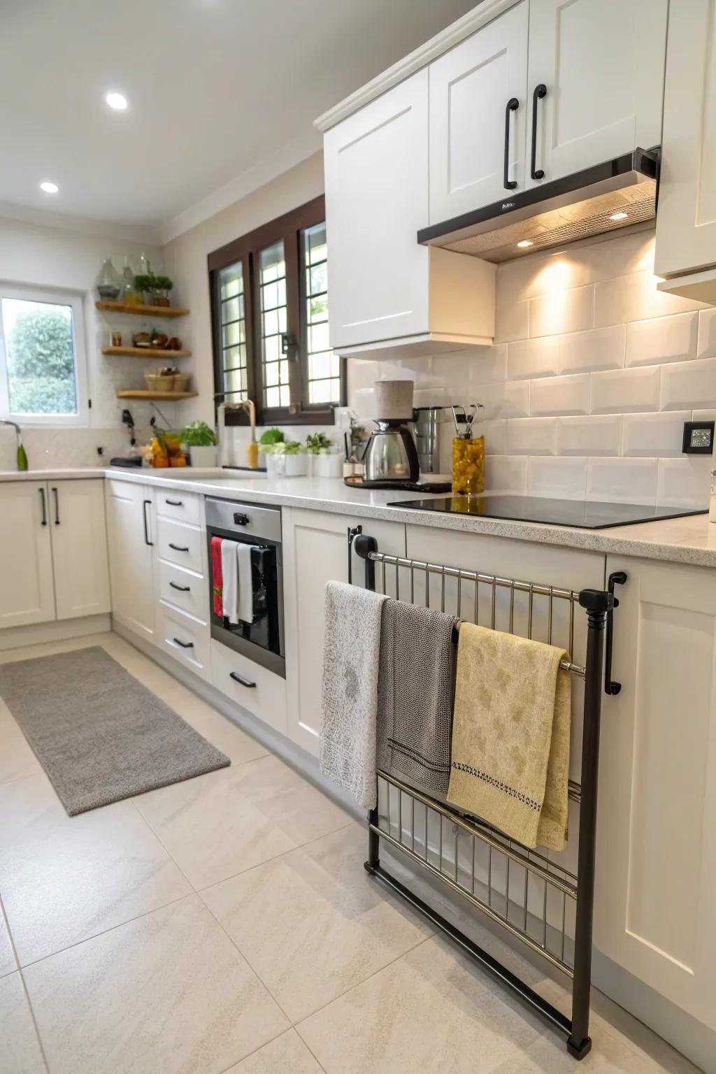 Set up retractable hangers beneath the counter for concealed and handy linen storage.