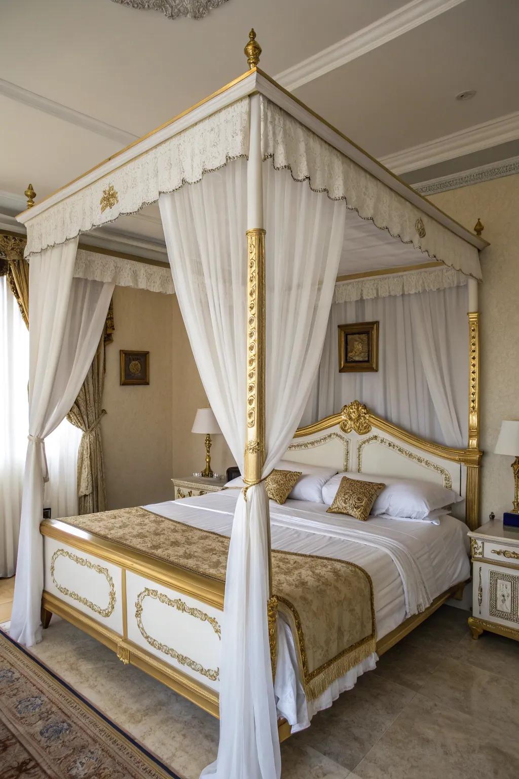 A white and gold canopy bed enhances dramatic elegance.