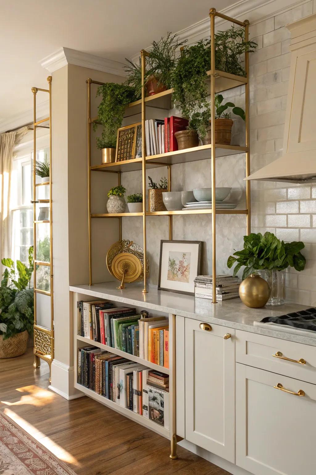 Shelving featuring gilded edges offers a distinctive and opulent display solution.