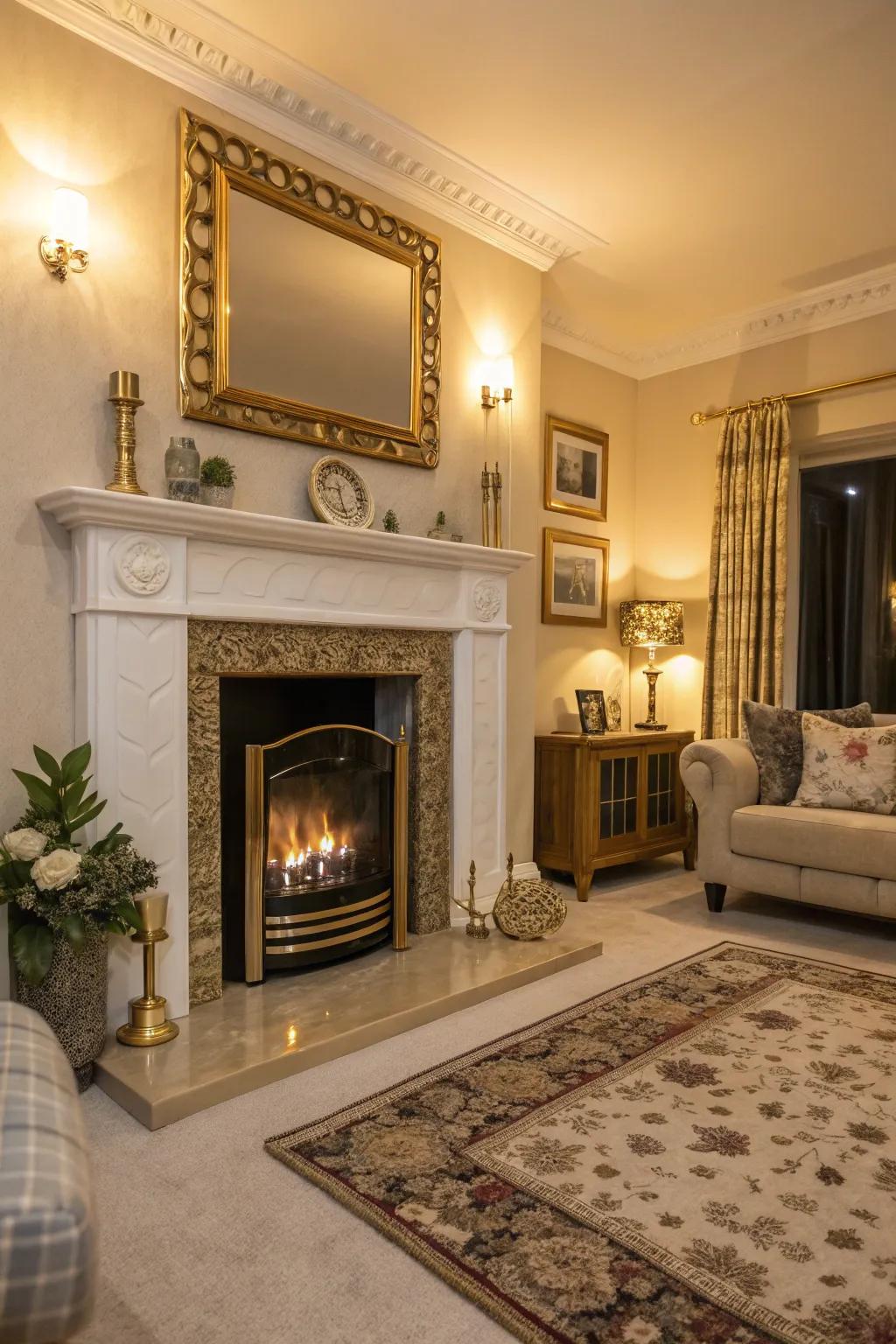 A fireplace detailed with gold acts as a warm, sophisticated center point.