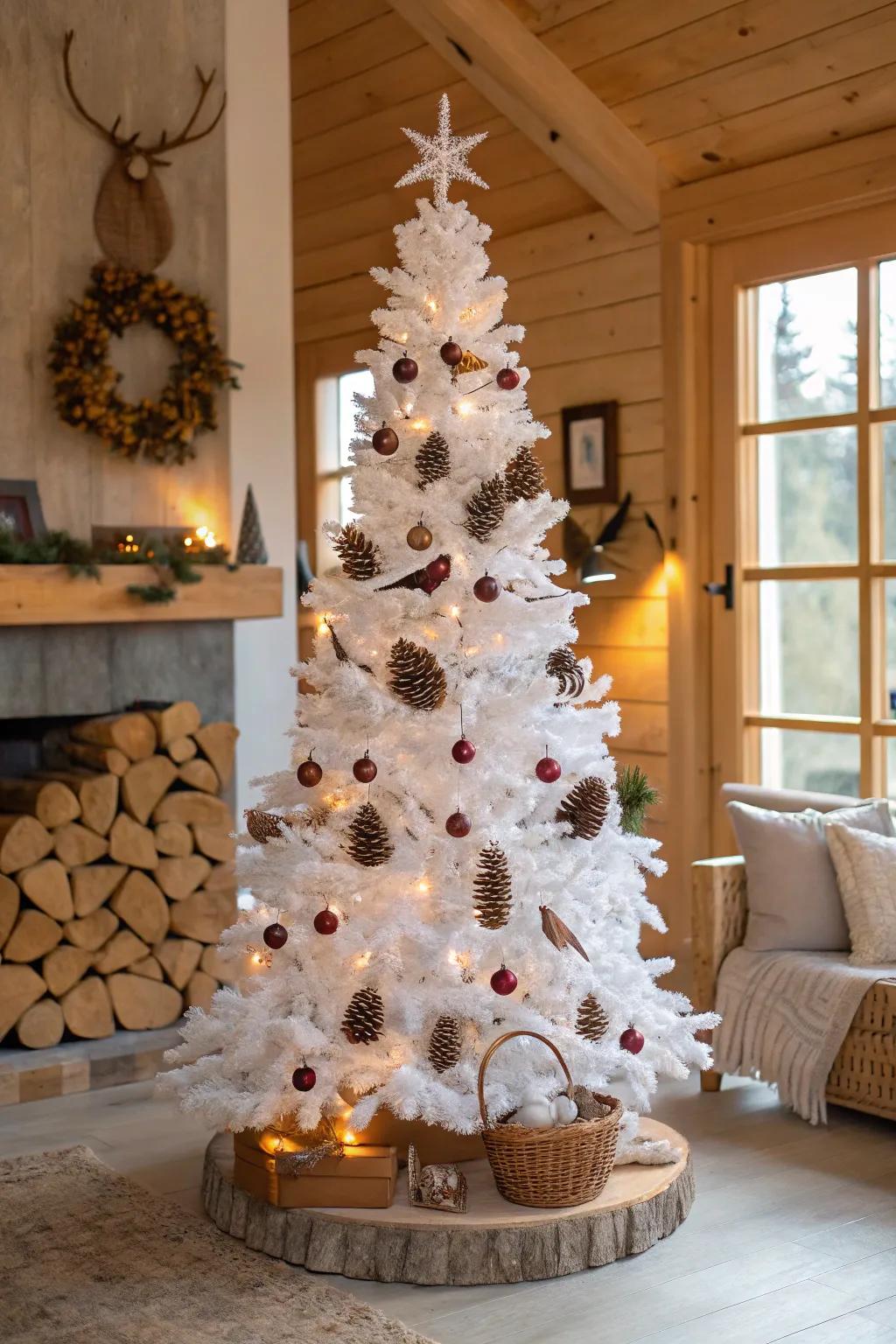 A nature-inspired tree featuring pinecones and bird decorations.