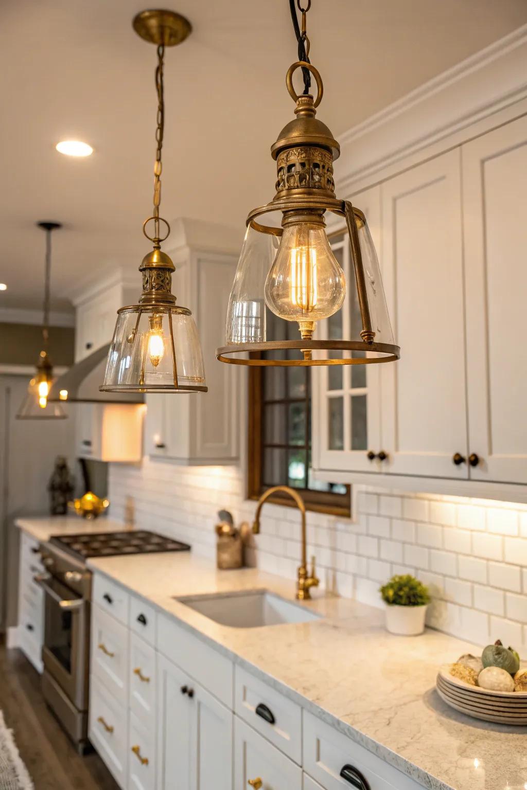 The kitchen is infused with a nostalgic touch through the inclusion of vintage accents.