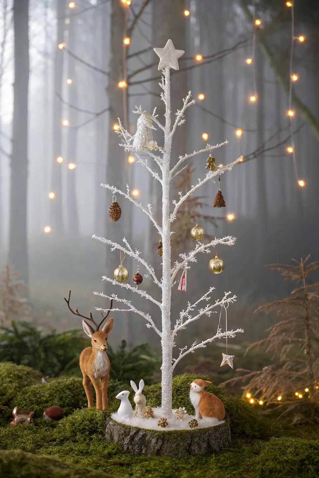 A playful forest-themed white pencil tree with animal ornaments.