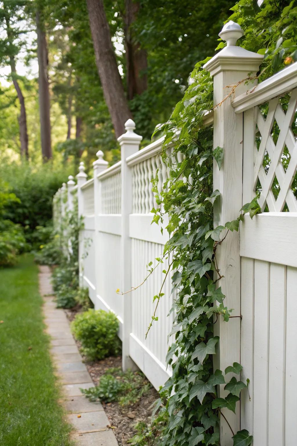 Espalier inserts transform a white fence into a breathtaking vertical garden.