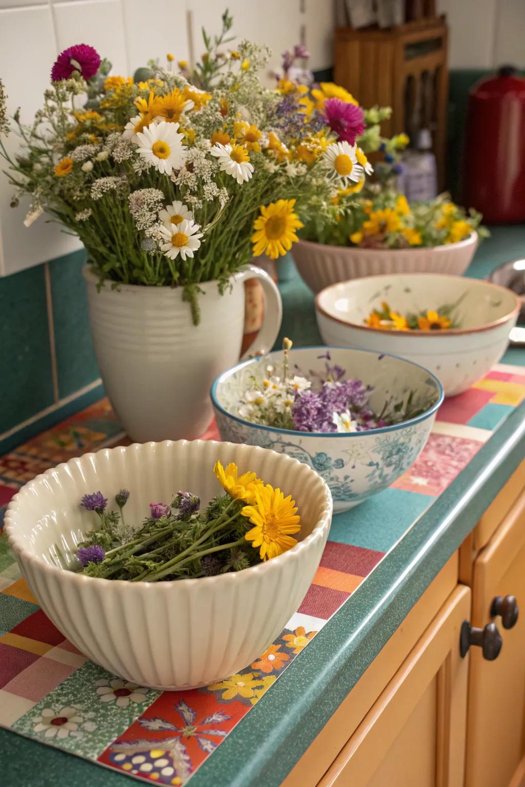Eclectic ceramic bowls teeming with wildflowers generate a playful exhibition.