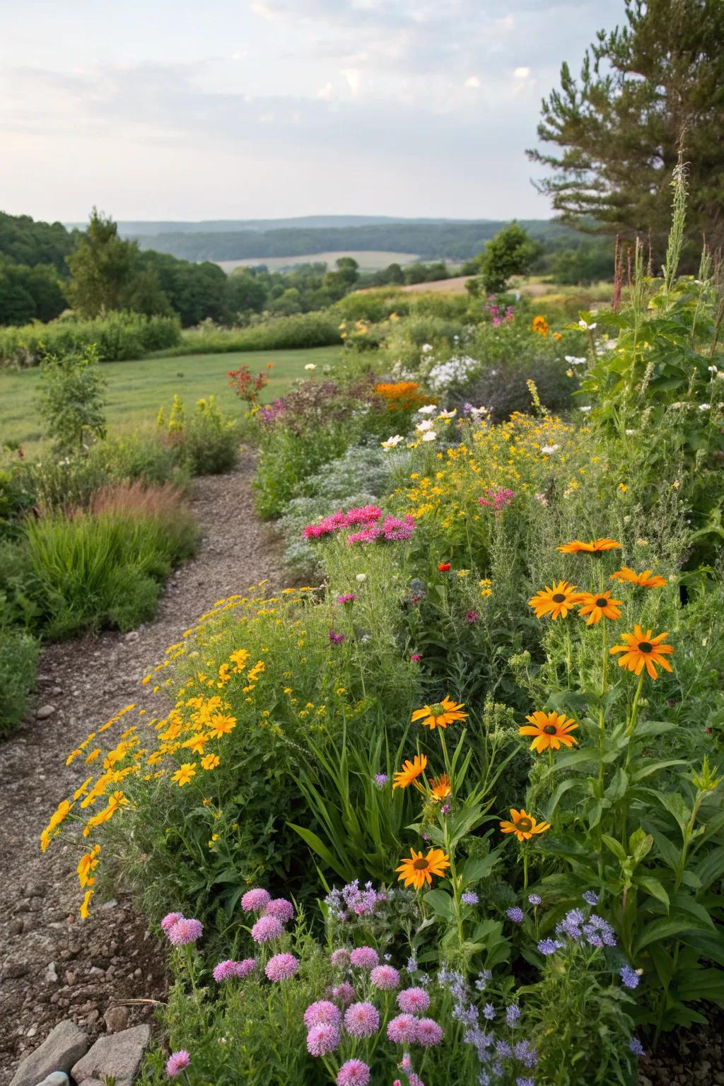 Wildflowers working as colorful living ground cover in a garden.