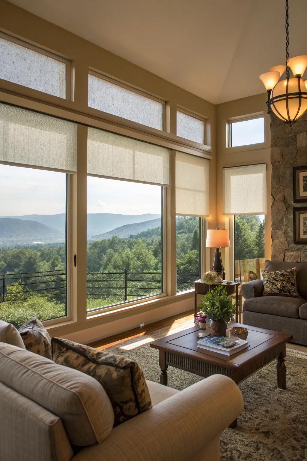 Sun filter shades protect from UV radiation while maintaining views.