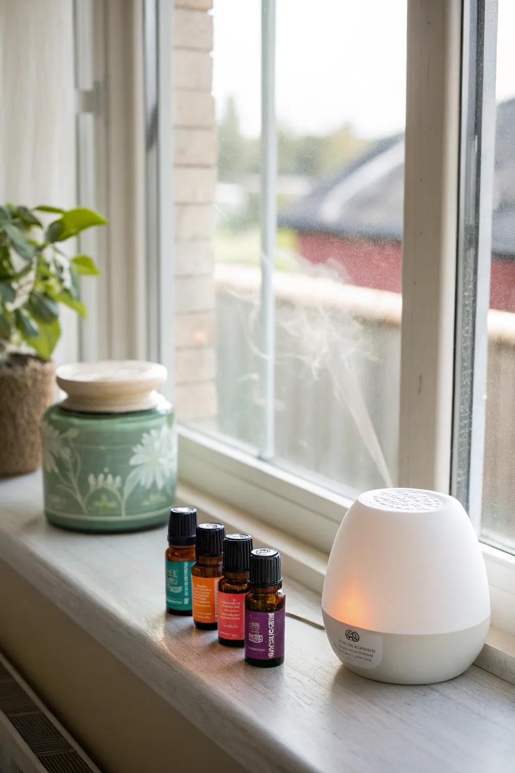 An aromatherapy arrangement using essential oils across a window sill.